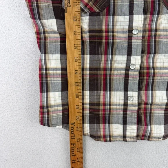VTG Y2K Pearl Snap Shirt Womens L Brown Plaid Short Sleeve Western - Picture 4 of 7